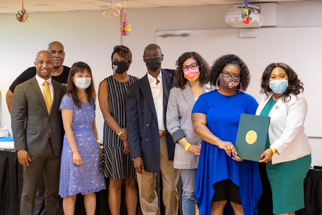 Jabar Shumate, ULOKC VP for Community Convening and Social Justice, Lead Attorney Lorenzo Banks, Judge Cindy Truong, OKC City Councilwomen Nikki Nice, Senator George Young, County Commissioner Carrie Blumert, and Rep. Ajay Pittman celebrating one of the first expungement candidates for completing the expungement process.