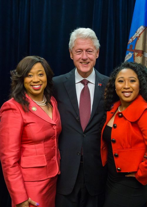 42nd President Bill Clinton Pictured with Ajay Pittman and  Senator Anastasia Pittman who hosted him Northeast High School during the 2016 Presidential Elections